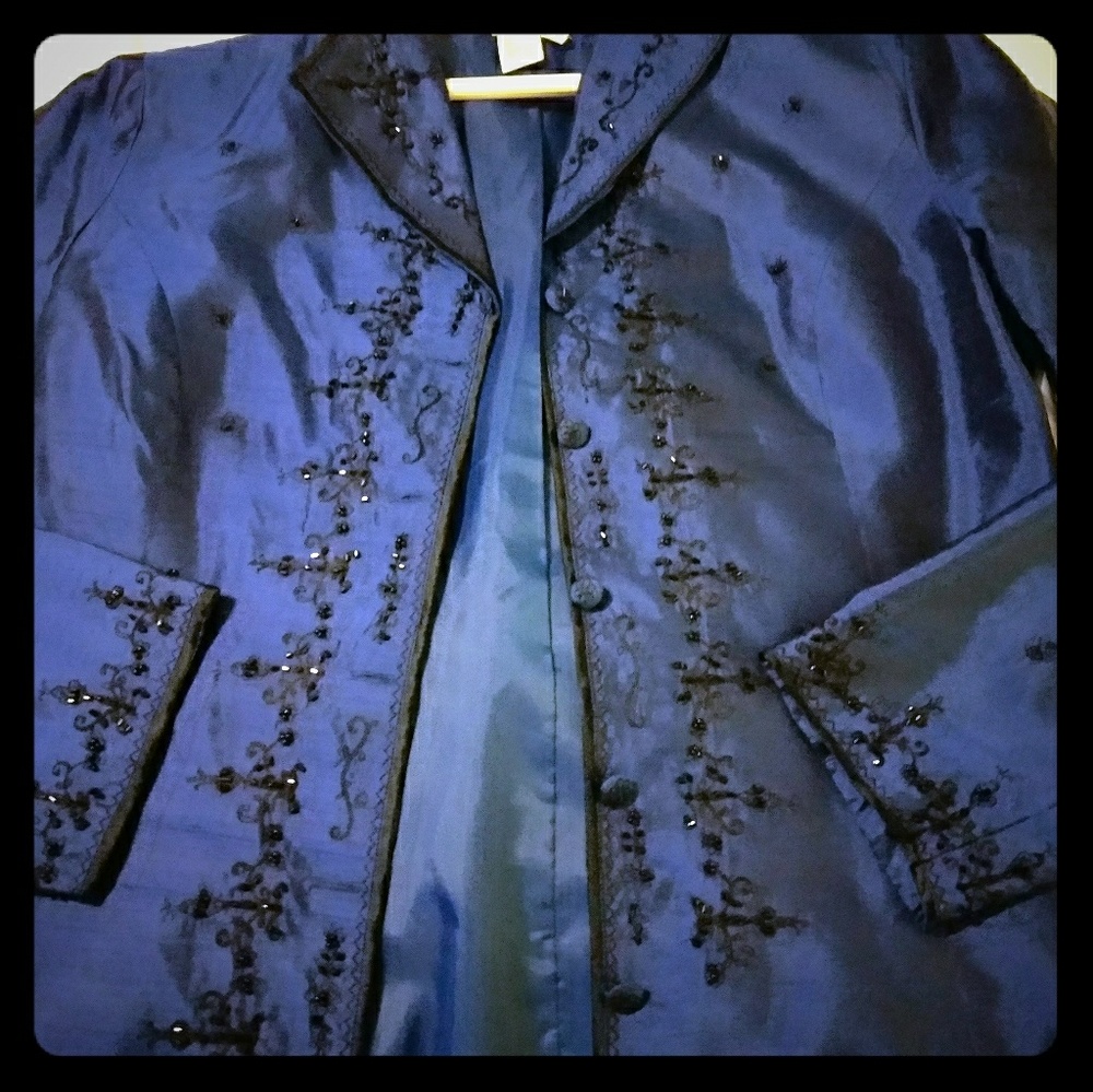 Navy Blue Silk Embroidered Thin Blazer